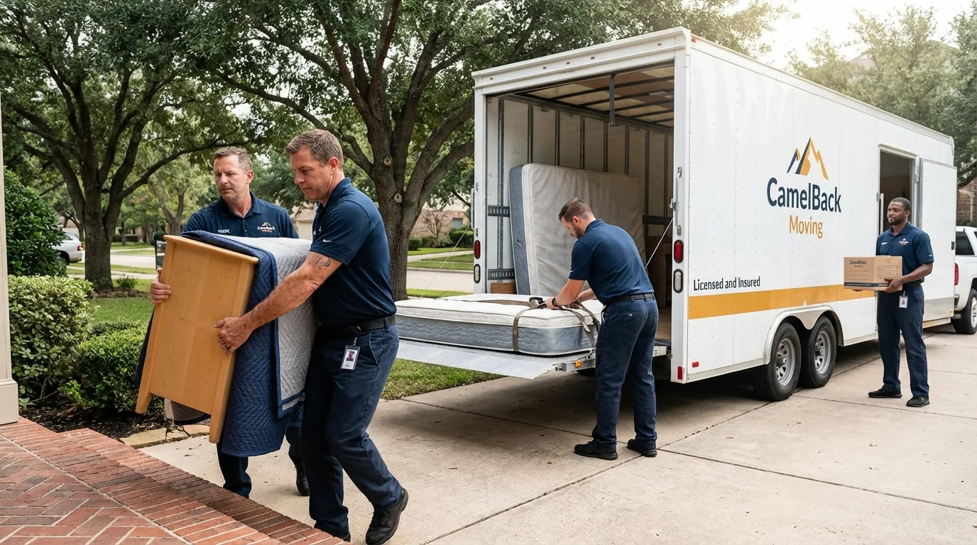 Crew loading residential truck for cross-state move from Mount Ida, AR