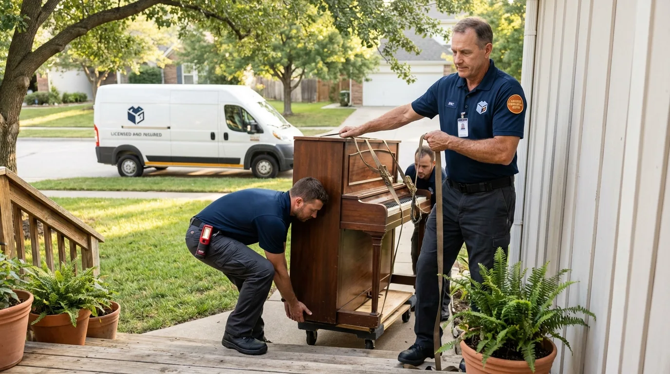 Licensed piano movers securing grand piano in Mount Ida, AR