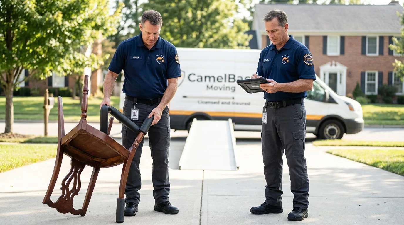 Movers inspecting furniture for damage prevention before loading in Mount Ida, AR