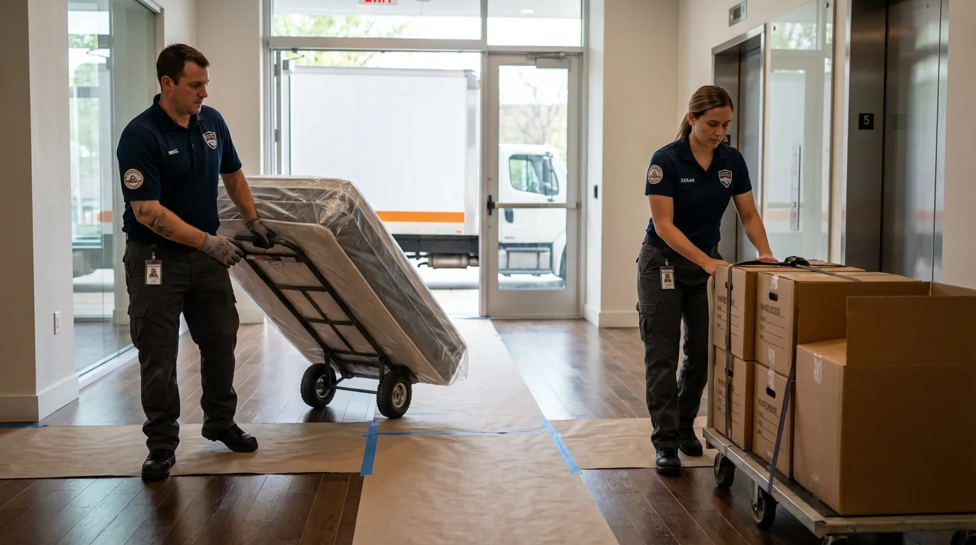 Professional apartment movers loading elevator in Mount Ida, AR